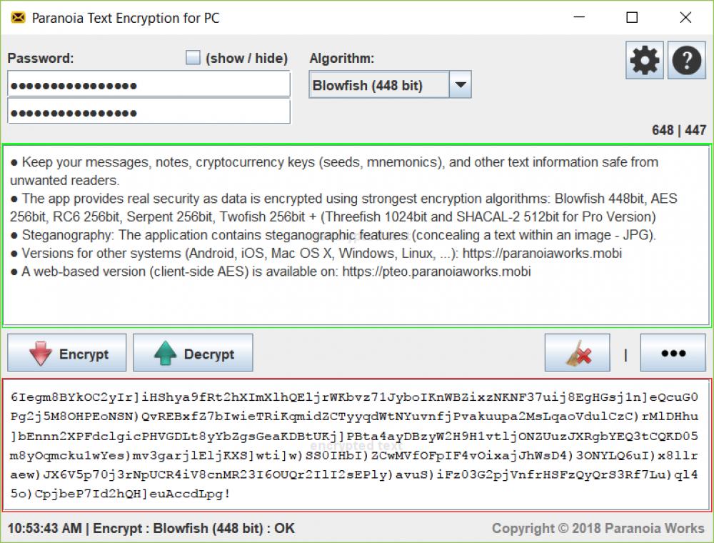 Paranoia Text Encryption for PC 15.0.4 (Freeware 1.45Mb)