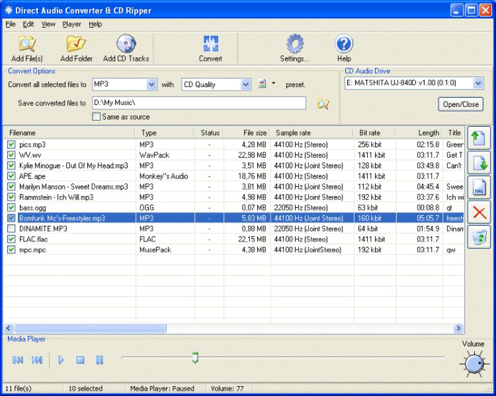 Direct Audio Converter and CD Ripper 3.0 (Shareware 3.34Mb)
