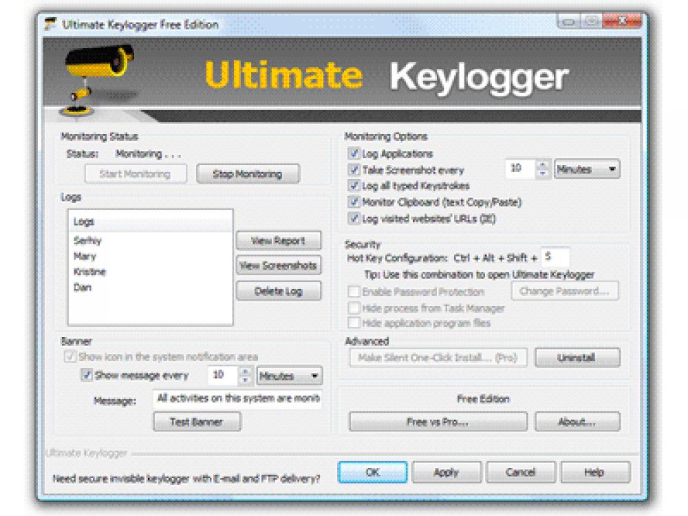 Ultimate Keylogger Free Edition 2.20 (Freeware 1.72Mb)