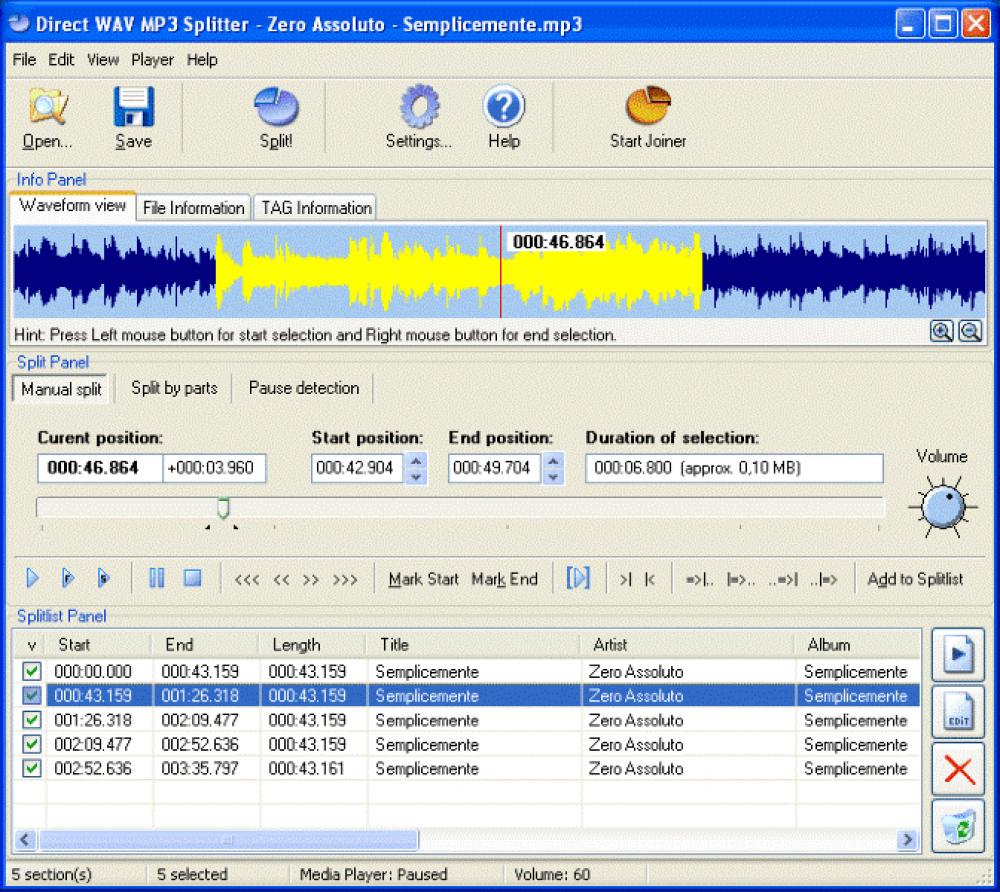 Direct WAV MP3 Splitter 3.0 (Shareware 2.51Mb)
